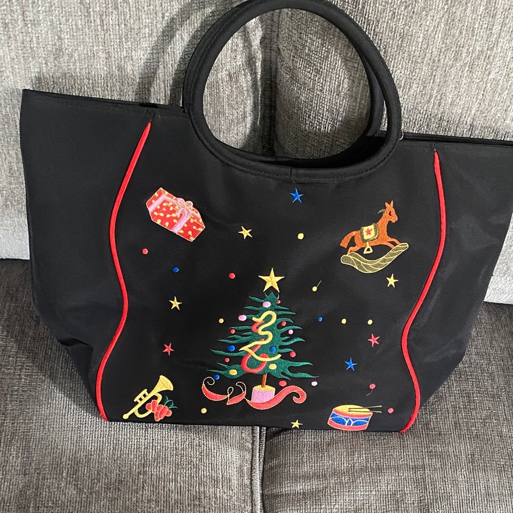 Festive Black Tote Bag with Embroidered Holiday Design